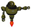 Mech containing oval wide head and sunshine patch eye and heavy upper chest and triangle of blue leds and jet propulsion. Army green halftone. Pointing left or pushing a button..