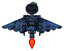 Cyborg containing digital display head and woo expression and green led array and light chest exoshielding and rubber chain sash and pilot's wings assembly and jet propulsion. Grunge dark blue.