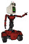 Automaton containing old computer monitor and angry pixels face and old computer magnetic tape and light chest exoshielding and ultralight chest exosuit and tank tracks. Grunge dots cherry tomato red.