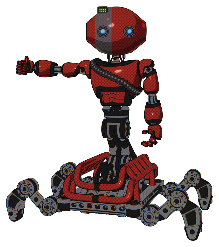 Mech containing oval wide head and telescopic steampunk eyes and green led ornament and light chest exoshielding and rubber chain sash and insect walker legs. Cherry tomato red.