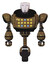 Robot containing humanoid face mask and heavy upper chest and colored lights array and unicycle wheel. Old copper. Front view.