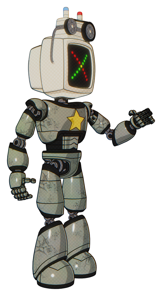 Bot containing old computer monitor and colored x display and old computer magnetic tape and light chest exoshielding and yellow star and light leg exoshielding. Green metal. Interacting.