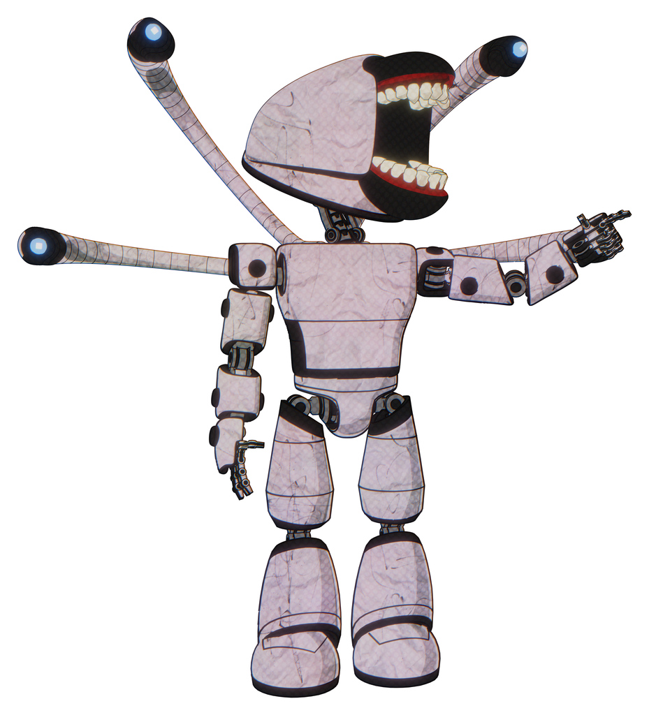 Droid containing chomper head design and light chest exoshielding and prototype exoplate chest and blue-eye cam cable tentacles and light leg exoshielding. Sketch pad light lines.