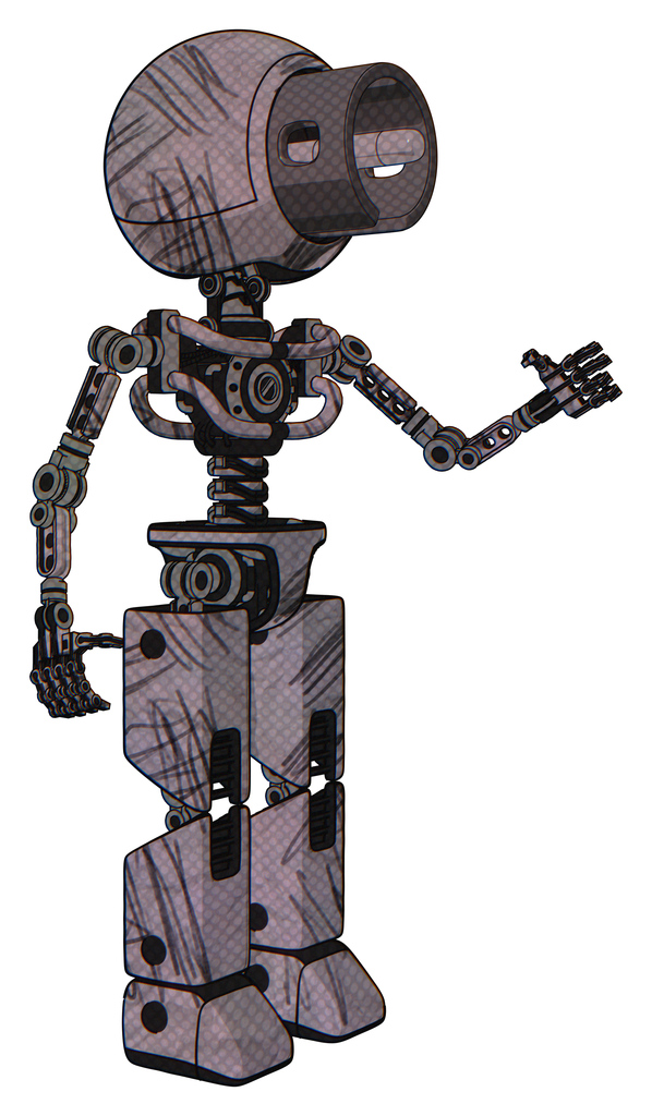 Bot containing cable connector head and light chest exoshielding and no chest plating and prototype exoplate legs. Dark sketchy. Interacting.