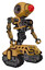 Robot containing round head and red laser crystal array and heavy upper chest and no chest plating and tank tracks. Construction yellow halftone. Facing left view.