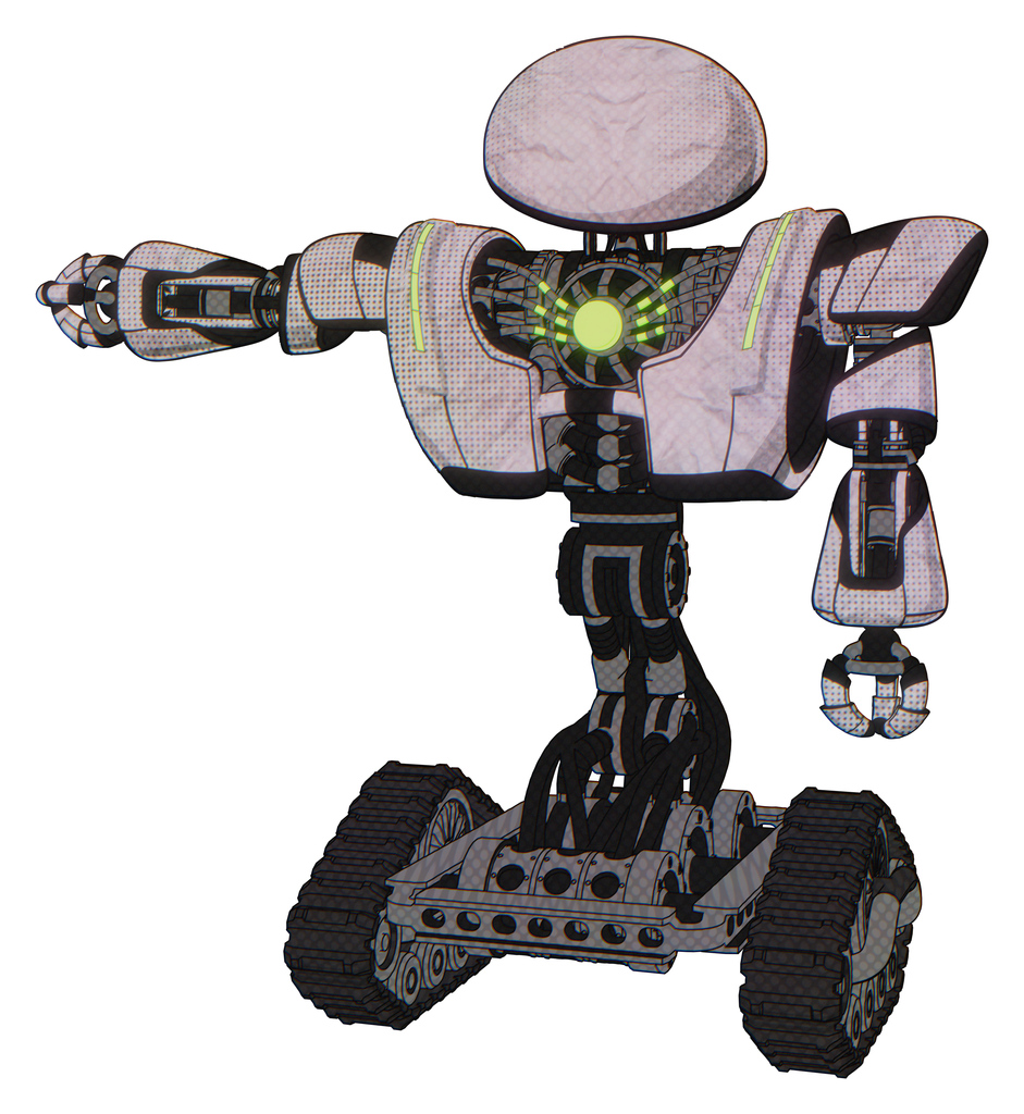 Bot containing dome head and heavy upper chest and heavy mech chest and green energy core and tank tracks. Sketch pad dots pattern. Arm out holding invisible object..