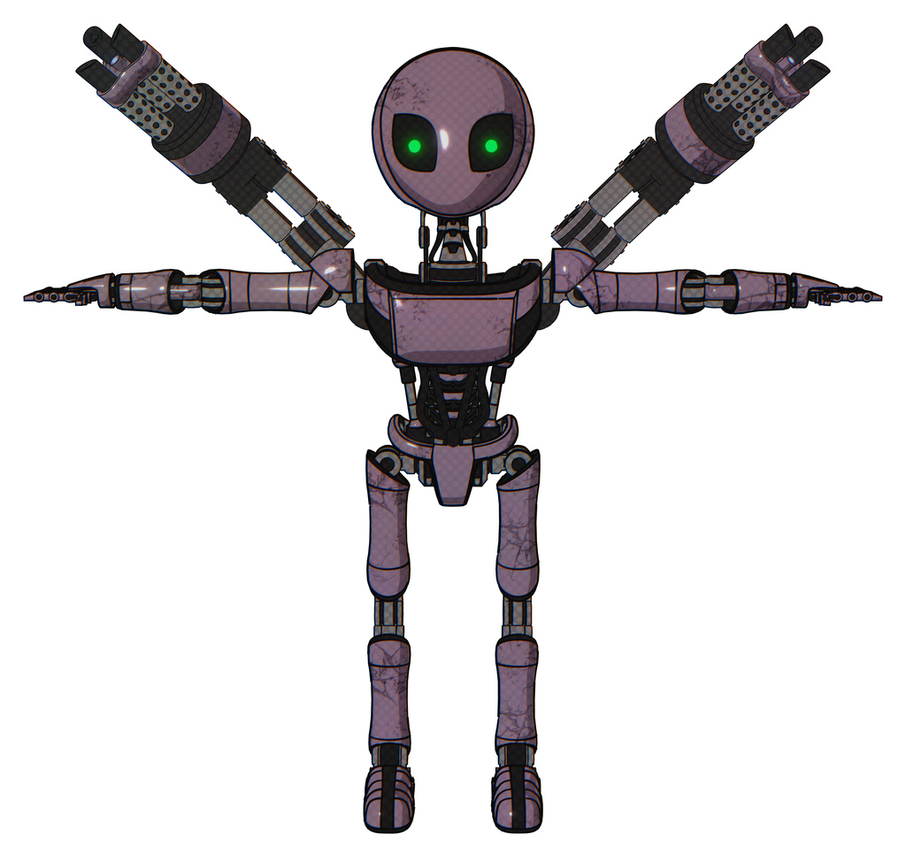 Bot containing grey alien style head and green inset eyes and light chest exoshielding and ultralight chest exosuit and minigun back assembly and ultralight foot exosuit. Lilac metal. T-pose.