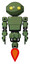 Bot containing oval wide head and yellow eyes and light chest exoshielding and prototype exoplate chest and jet propulsion. Grass green. Front view.