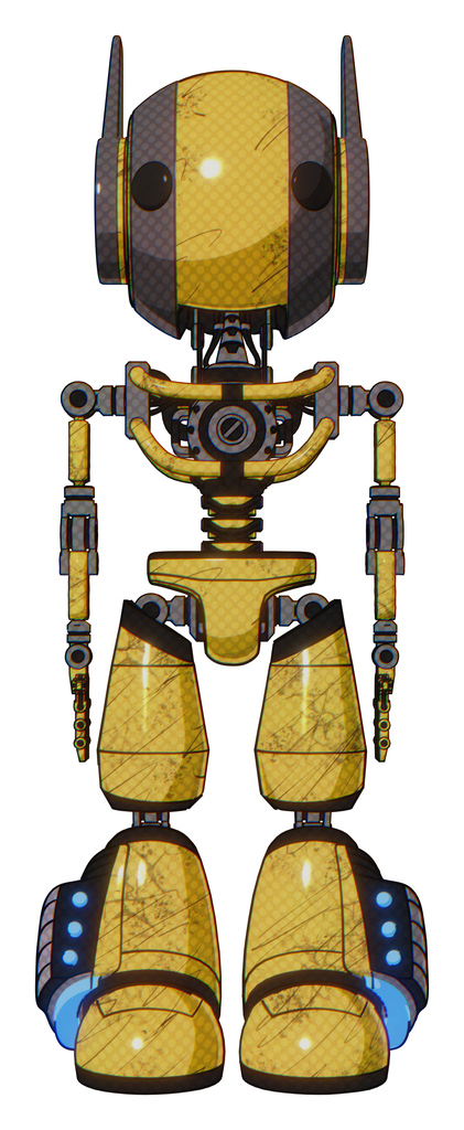 Cyborg containing round head and maru eyes and head winglets and light chest exoshielding and no chest plating and light leg exoshielding and megneto-hovers foot mod. Construction yellow halftone.