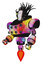 Automaton containing humanoid face mask and two-face black white mask and heavy upper chest and chest energy sockets and jet propulsion. Plasma burst. Facing right view.