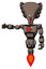 Mech containing flat elongated skull head and light chest exoshielding and red chest button and jet propulsion. Khaki halftone. Arm out holding invisible object..