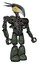 Robot containing bird skull head and brass steampunk eyes and head shield design and heavy upper chest and no chest plating and light leg exoshielding. Old corroded copper. Facing left view.