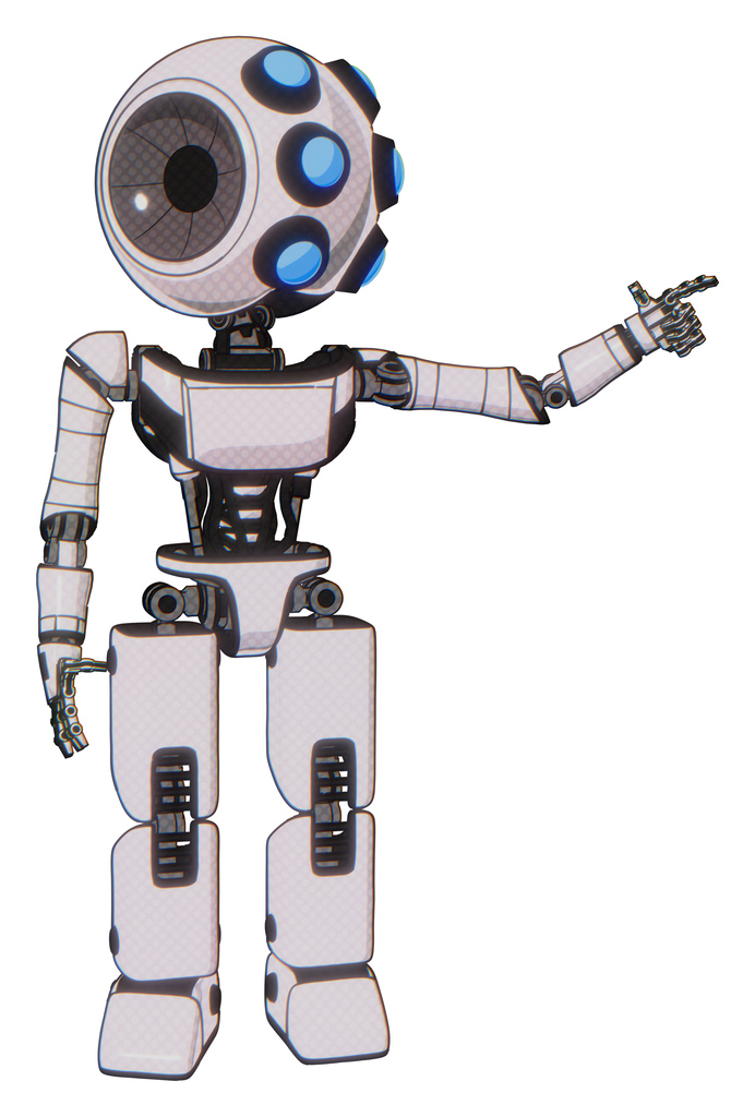 Automaton containing round head and six eye array and bug eyes and light chest exoshielding and ultralight chest exosuit and prototype exoplate legs. White halftone toon.