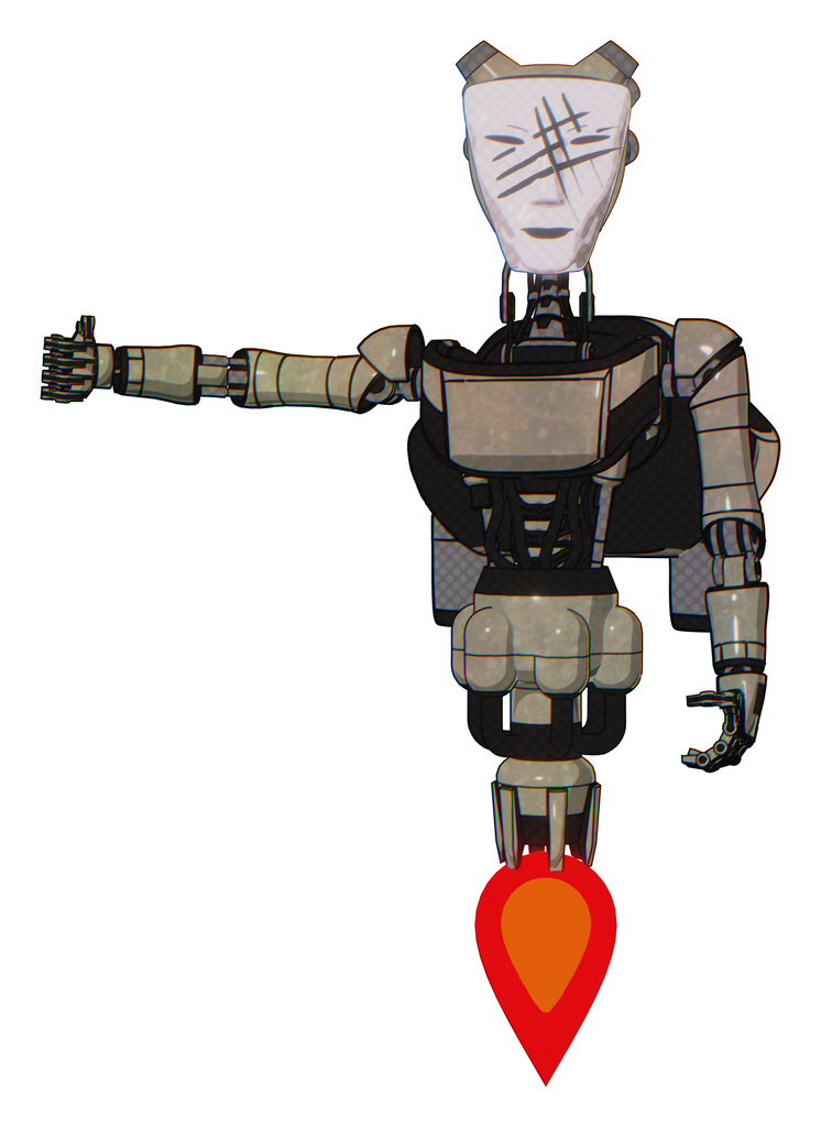 Mech containing humanoid face mask and slashes war paint and light chest exoshielding and ultralight chest exosuit and rocket pack and jet propulsion. Grungy fiberglass.