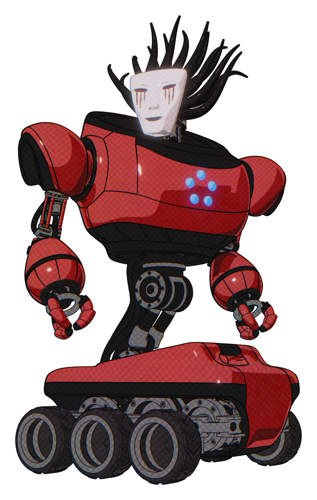 Droid containing humanoid face mask and blood tears and heavy upper chest and circle of blue leds and six-wheeler base. Primary red halftone. Hero pose.