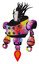 Automaton containing humanoid face mask and two-face black white mask and heavy upper chest and chest energy sockets and jet propulsion. Plasma burst. Standing looking right restful pose.