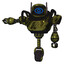 Bot containing digital display head and large eye and winglets and heavy upper chest and unicycle wheel. Grunge army green. Arm out holding invisible object..