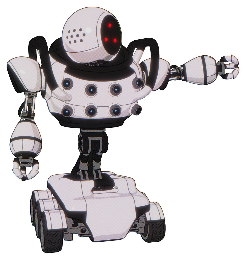 Automaton containing three led eyes round head and heavy upper chest and chest energy sockets and six-wheeler base. White halftone toon. Pointing left or pushing a button..