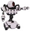 Automaton containing three led eyes round head and heavy upper chest and chest energy sockets and six-wheeler base. White halftone toon. Pointing left or pushing a button..