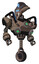 Droid containing flat elongated skull head and visor and heavy upper chest and chest green energy cores and blue strip lights and unicycle wheel. Khaki halftone. Hero pose.