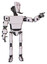 Cyborg containing humanoid face mask and light chest exoshielding and prototype exoplate chest and ultralight foot exosuit. White halftone toon. Pointing left or pushing a button..