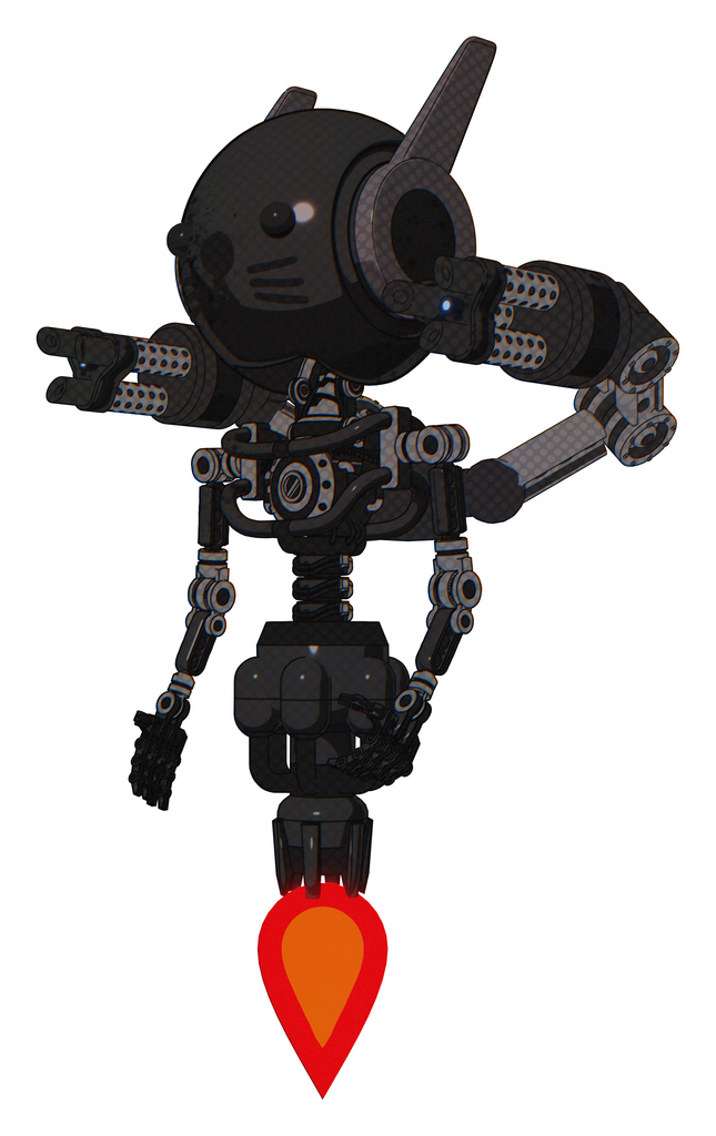 Mech containing round head and head winglets and light chest exoshielding and minigun back assembly and no chest plating and jet propulsion and cat face. Dirty black. Facing right view.