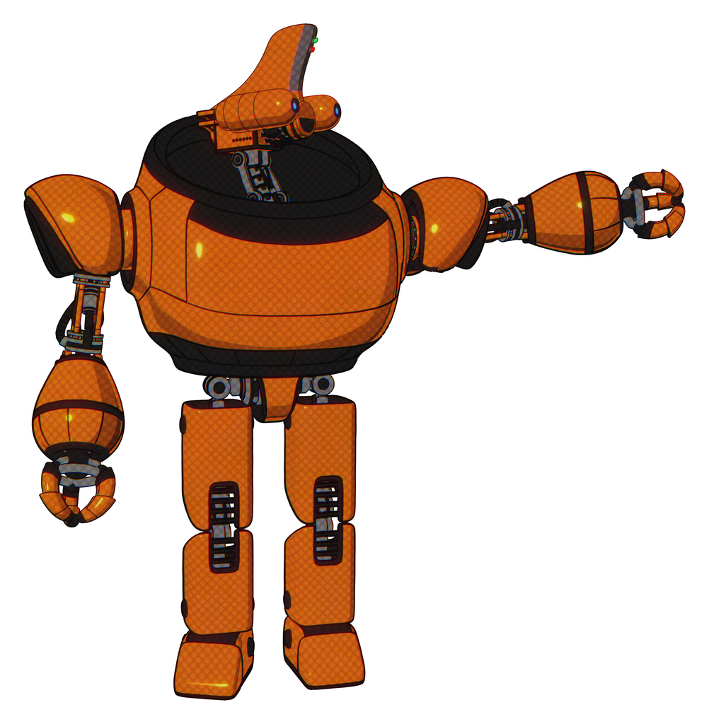 Automaton containing dual retro camera head and reversed fin head and heavy upper chest and prototype exoplate legs. Secondary orange halftone. Pointing left or pushing a button..