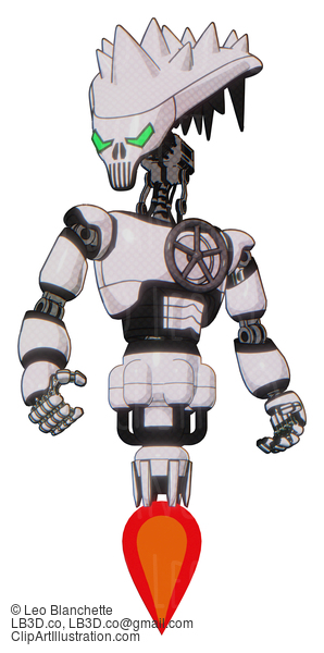 Android Containing Flat Elongated Skull Head And Spikes, And Light Chest Exoshielding And Chest Valve Crank And Jet Propulsion. White Halftone Toon. Hero Pose. #17210