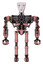 Droid containing humanoid face mask and blood tears and heavy upper chest and no chest plating and ultralight foot exosuit. Toon pink tint. Front view.
