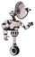 Robot containing dual retro camera head and satellite dish head and light chest exoshielding and yellow chest lights and rocket pack and unicycle wheel. White halftone toon. Interacting.