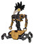 Mech containing bird skull head and brass steampunk eyes and crow feather design and heavy upper chest and no chest plating and insect walker legs. Construction yellow halftone.