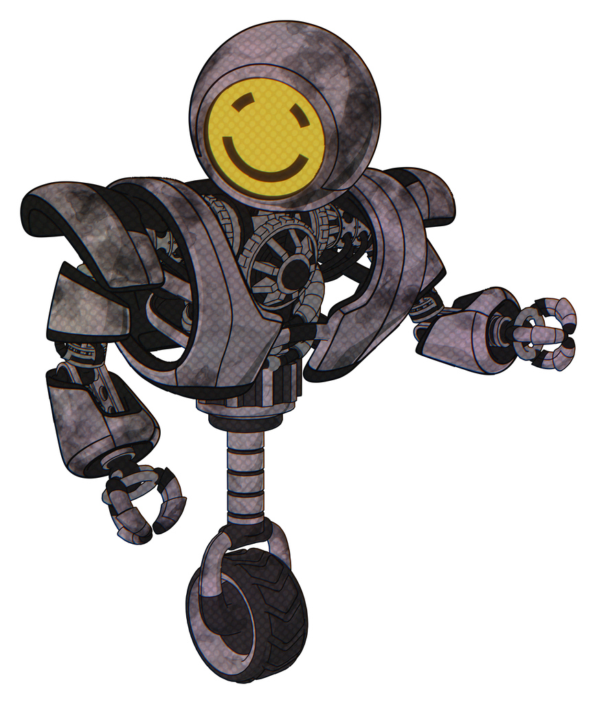 Robot containing round head yellow happy face and heavy upper chest and heavy mech chest and unicycle wheel. Sketch pad cloudy smudges. Fight or defense pose..