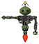 Bot containing oval wide head and small red led eyes and minibot ornament and heavy upper chest and no chest plating and jet propulsion. Grass green. Arm out holding invisible object..