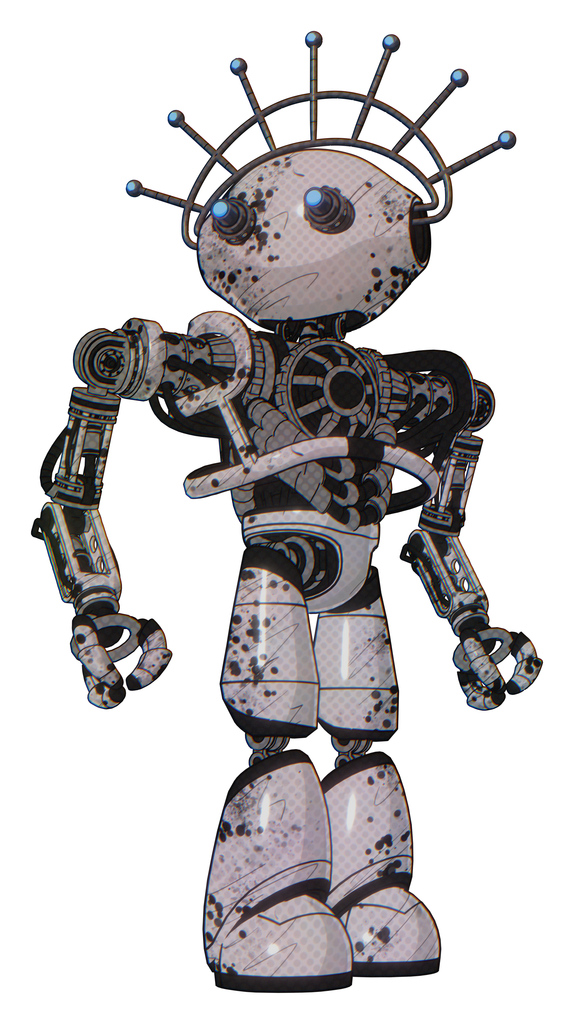 Droid containing oval wide head and telescopic steampunk eyes and techno halo ornament and heavy upper chest and no chest plating and light leg exoshielding. Grunge sketch dots. Hero pose.