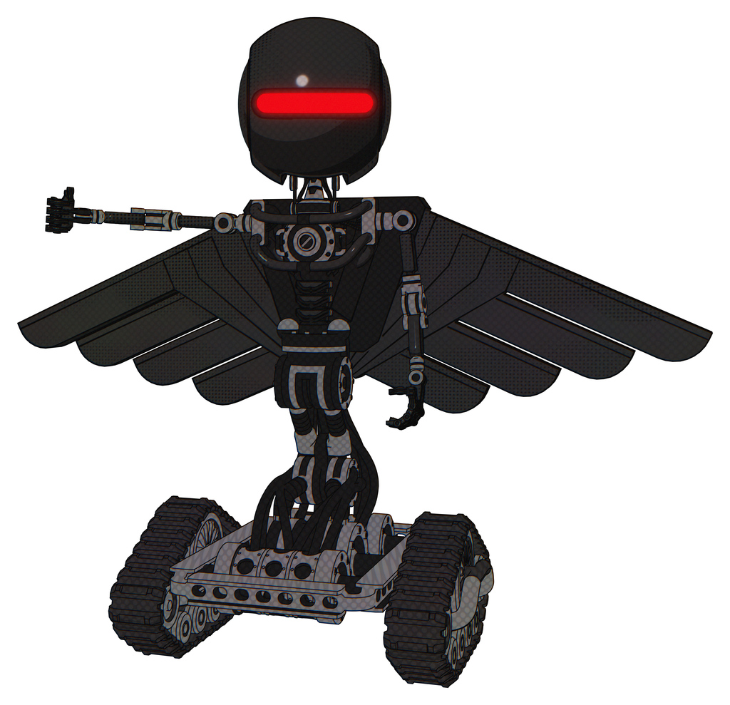 Droid containing round head and horizontal red visor and light chest exoshielding and pilot's wings assembly and no chest plating and tank tracks. Clean black. Arm out holding invisible object..