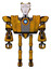Mech containing humanoid face mask and spiral design and heavy upper chest and heavy mech chest and blue energy fission element chest and ultralight foot exosuit. Worn construction yellow. Front view.