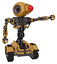 Robot containing round head and red laser crystal array and heavy upper chest and no chest plating and tank tracks. Construction yellow halftone. Pointing left or pushing a button..