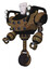Robot containing humanoid face mask and heavy upper chest and chest energy sockets and shoulder headlights and unicycle wheel. Old copper. Facing right view.
