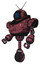 Bot containing digital display head and three vertical line design and retro antennas and heavy upper chest and unicycle wheel. Muavewood halftone grunge. Facing right view.