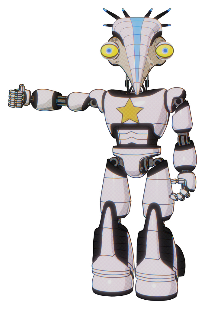 Automaton containing bird skull head and big yellow eyes and head shield design and light chest exoshielding and yellow star and light leg exoshielding and stomper foot mod. White halftone toon.