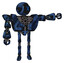 Robot containing digital display head and x face and heavy upper chest and heavy mech chest and ultralight foot exosuit. Grunge dark blue. Pointing left or pushing a button..