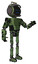 Droid containing digital display head and sleeping face and led and protection bars and light chest exoshielding and prototype exoplate chest and ultralight foot exosuit. Grunge grass green.