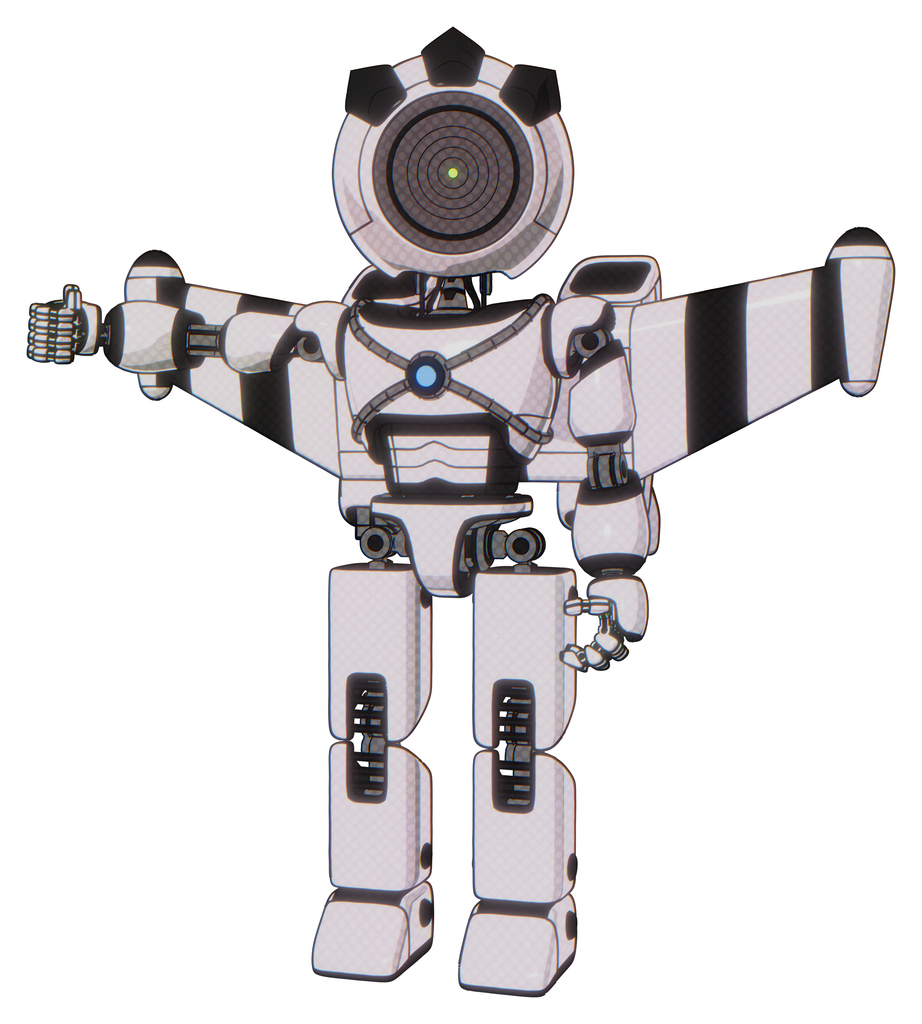 Android containing green dot eye corn row plastic hair and light chest exoshielding and blue energy core and stellar jet wing rocket pack and prototype exoplate legs. White halftone toon.