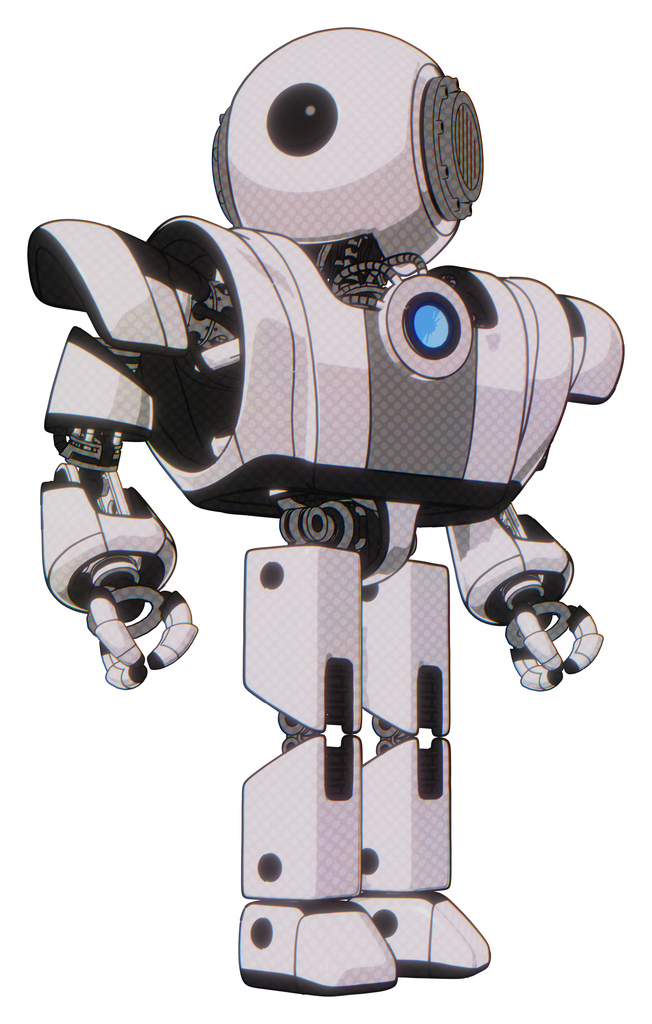 Bot containing round head and large cyclops eye and heavy upper chest and heavy mech chest and blue energy fission element chest and prototype exoplate legs. White halftone toon. Hero pose.