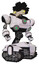 Bot containing bird skull head and big yellow eyes and crow feather design and heavy upper chest and chest green energy cores and tank tracks. White halftone toon. Hero pose.