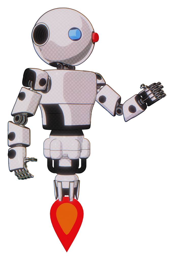 Automaton containing oval wide head and giant blue and red led eyes and light chest exoshielding and prototype exoplate chest and jet propulsion. White halftone toon. Interacting.