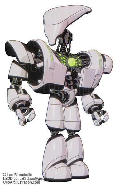 Android Containing Flat Elongated Skull Head And Heavy Upper Chest And Heavy Mech Chest And Green Energy Core And Light Leg Exoshielding. White Halftone Toon. Hero Pose. #17253