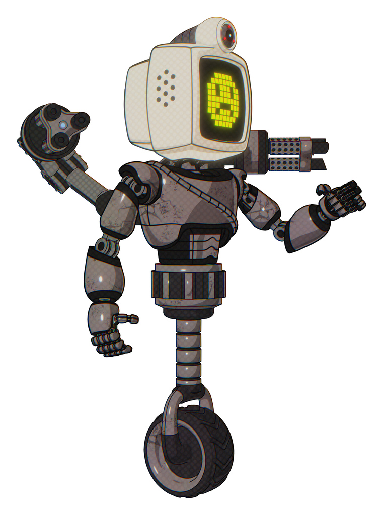 Automaton containing old computer monitor and yellow sad pixel face and retro-futuristic webcam and light chest exoshielding and cable sash and minigun back assembly and unicycle wheel.
