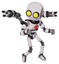 Robot containing round head and large yellow eyes and light chest exoshielding and red chest button and minigun back assembly and ultralight foot exosuit. White halftone toon. Fight or defense pose..