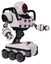 Automaton containing three led eyes round head and heavy upper chest and chest energy sockets and six-wheeler base. White halftone toon. Interacting.